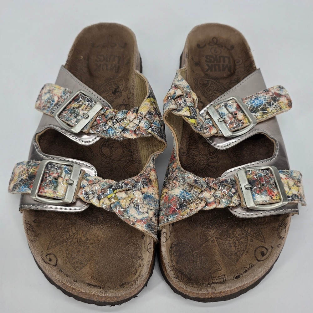 Muk Luks Slide Sandals Silver Multicolor Braided Metallic Cork Slip on Boho sz 9